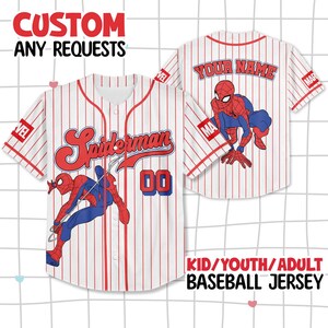 May include: White baseball jersey with red pinstripes, featuring a Spiderman graphic and the text "Spiderman" in red script. The jersey includes the number "00" and the text "YOUR NAME" on the back. The text "CUSTOM ANY REQUESTS" is at the top.
