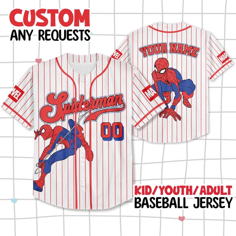 May include: White baseball jersey with red pinstripes, featuring a Spiderman graphic and the text "Spiderman" in red script. The jersey includes the number "00" and the text "YOUR NAME" on the back. The text "CUSTOM ANY REQUESTS" is at the top.