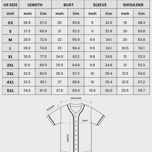 May include: A chart detailing the measurements of an all-over print unisex baseball jersey. The chart includes US sizes XS to 5XL, with measurements in inches and centimeters for length, bust, sleeve, and shoulder. A diagram of the jersey is also included.