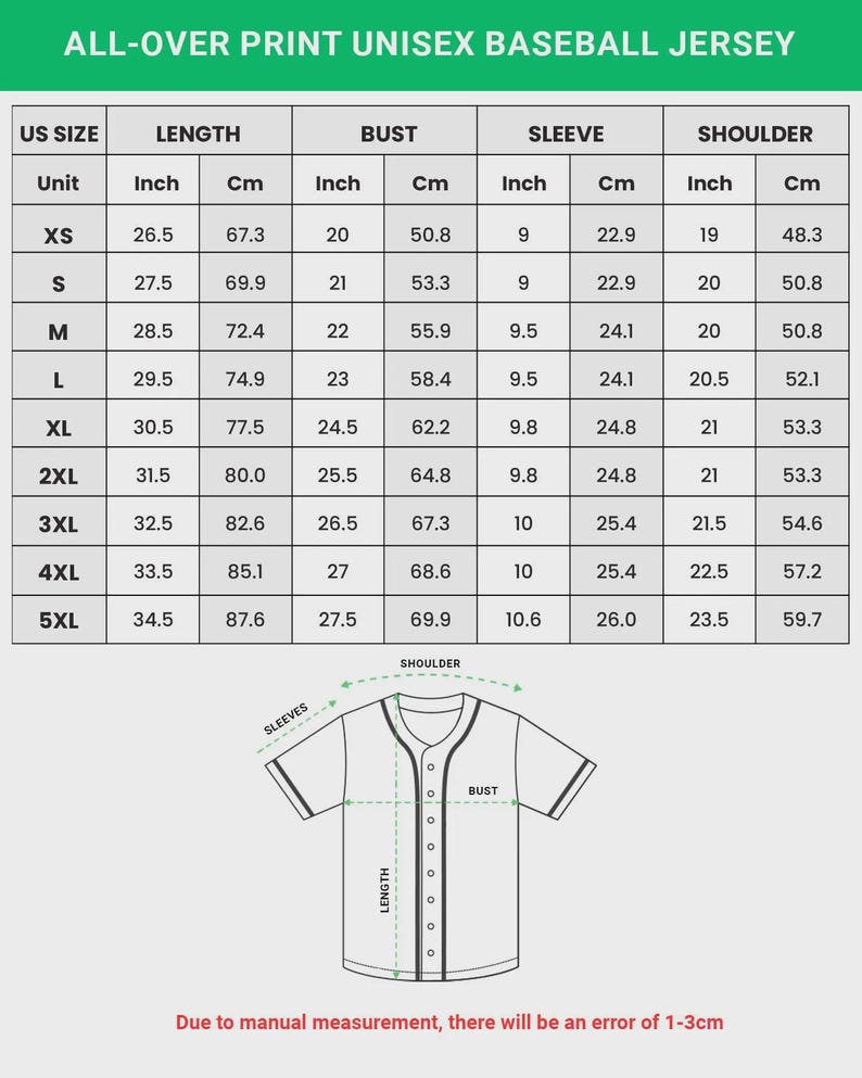 May include: A chart detailing the measurements of an all-over print unisex baseball jersey. The chart includes US sizes XS to 5XL, with measurements in inches and centimeters for length, bust, sleeve, and shoulder. A diagram of the jersey is also included.