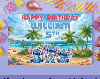 Custom Disney Stitch Birthday Banner Backdrop, Custom Disney Stitch Birthday Banner Backdrop Decoration, Party Cartoon Decor Birthday Boy