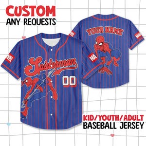 May include: Blue baseball jersey with red pinstripes, featuring the word "Spiderman" in red script. The jersey has a Spiderman graphic and the number "00". The back of the jersey has the text "YOUR NAME" and a Spiderman graphic. Text at the top says "CUSTOM ANY REQUESTS".