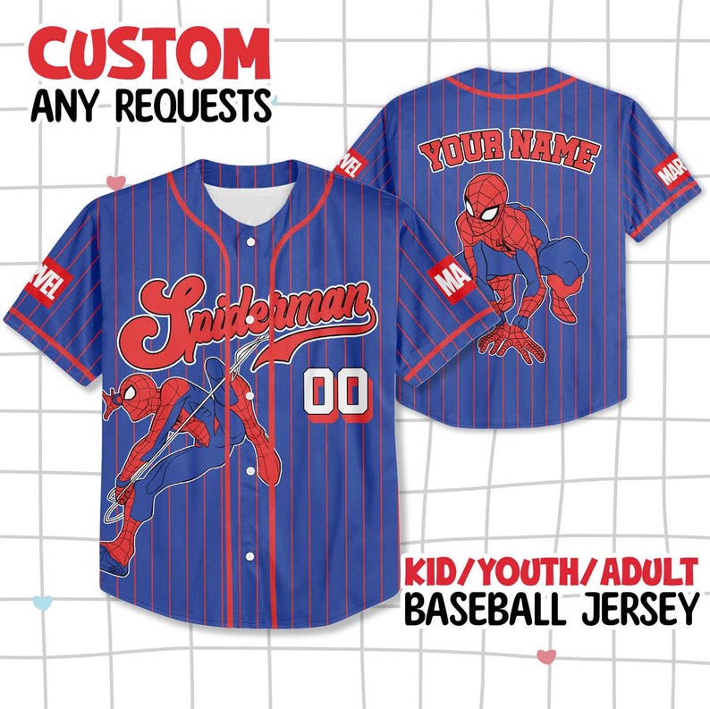 May include: Blue baseball jersey with red pinstripes, featuring the word "Spiderman" in red script. The jersey has a Spiderman graphic and the number "00". The back of the jersey has the text "YOUR NAME" and a Spiderman graphic. Text at the top says "CUSTOM ANY REQUESTS".