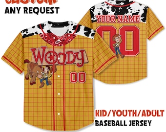 Personalized Woody Toy Story Baseball Jersey, Toy Story Jersey, Disney Jersey, Gift for Disney Fans, Matching Disney Baseball Team Outfit