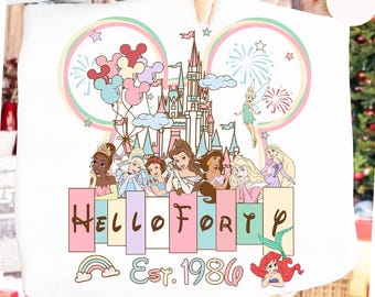 Personalized Disneyland 40th Birthday Princess Tee,Disney Hello Fourty Est 1986 Birthday Gift,Mickey Ears Castle Shirt, Disney Birthday Crew