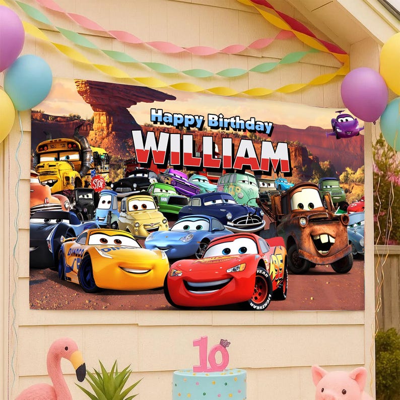 May include: A colorful birthday banner featuring characters from the movie Cars, with the text "Happy Birthday WILLIAM". The banner is decorated with balloons and streamers, and a cake with a "16" candle.