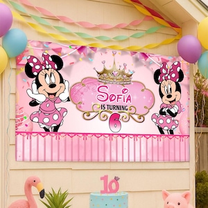 May include: A pink banner featuring Minnie Mouse, a crown, and the text "Sofia is turning 6." Minnie Mouse is depicted in a pink polka-dot dress and bow. The banner is decorated with pink and gold accents, and is surrounded by balloons and streamers.