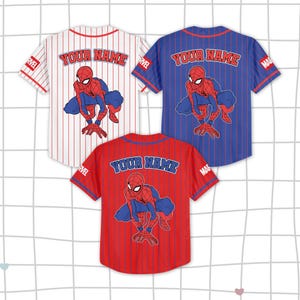 May include: Three baseball jerseys in red, white, and blue, each featuring a Spider-Man graphic. The jerseys have vertical stripes and the text "YOUR NAME" across the back. The Marvel logo is visible on the sleeves.