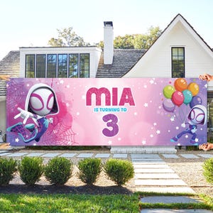 Ghost Spider Banner Backdrop, Spidey And His Amazing Friends Birthday Banner, Gwen Birthday Party, Dessert Table Backdrop, Disney Birthday imagem 1