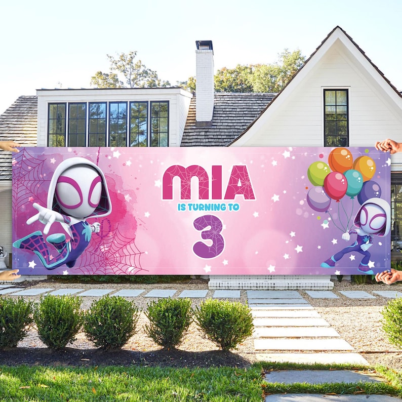 Ghost Spider Banner Backdrop, Spidey And His Amazing Friends Birthday Banner, Gwen Birthday Party, Dessert Table Backdrop, Disney Birthday imagem 1