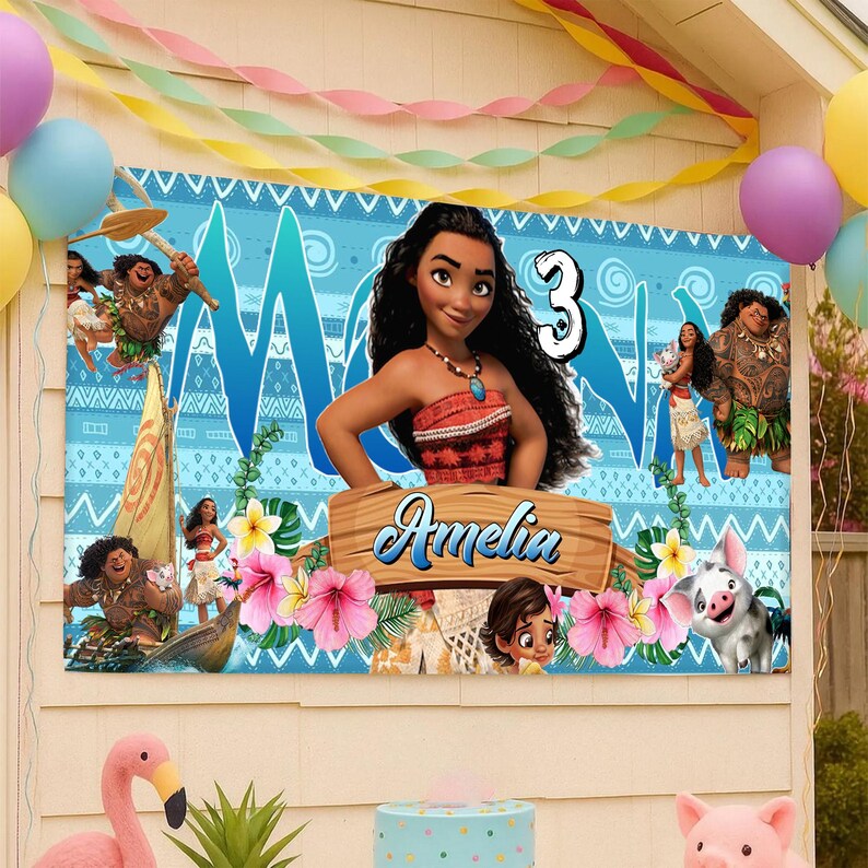 May include: A rectangular party banner featuring Moana characters, a large number 3, and a wooden sign with the name Amelia printed in blue script. The background is light blue with tribal patterns, pink hibiscus flowers, and green leaves.