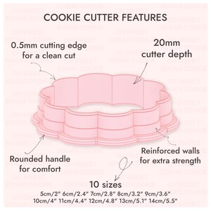 May include: A pink cookie cutter with a scalloped edge, featuring a 0.5mm cutting edge and a 20mm cutter depth. It has reinforced walls and a rounded handle. The text indicates 10 sizes, ranging from 2" to 5.5" in diameter.