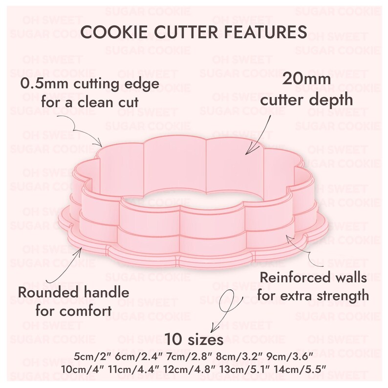 May include: A pink cookie cutter with a scalloped edge, featuring a 0.5mm cutting edge and a 20mm cutter depth. It has reinforced walls and a rounded handle. The text indicates 10 sizes, ranging from 2" to 5.5" in diameter.