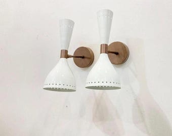 Double Sconce Mid Century Twin Bulb Wall Sconce Adjustable Raw Brass Wall Lamp Style Solid Brass White Shades -Handmade Wall Lamp