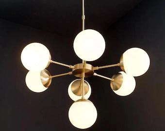 White 7 Glass Orb Globe Light Mid Century Italian Ceiling Vintage Chandelier 2 Tier Arms Starburst Antique Brass Finish Light Fixture