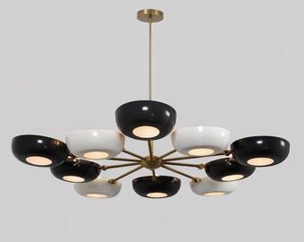Gerald Thurston Black Lightolier Inspired Ten Arm Chandelier with Powder coated Pierced shades
