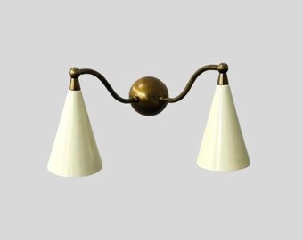 Double Light Mid Century Wall Sconce Lamp - Antique Raw Brass Finish - Italian Wall Light Sconce Fixtures - Shinny White Shade Handmade