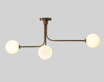Three Milky Globe Ceiling Lamp Sputnik Chandelier Linear Brass Stilnovo Style Mid Century Modern Raw Brass Light Fixture Premium Quality