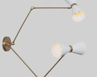 Mid-Century Raw Brass Twin Bulb Wall Sconce - Adjustable White Shades Sconce Modern Italian Light Fixture Reading Lamps - Vanity Lights