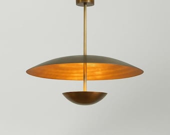 3 Light Flush Mount Chandelier Modern Italian Style Raw Brass Pendent Light Double Disk Shade Fixture