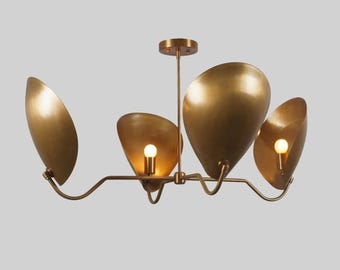 4-Light Curved Disk Shade Raw Brass Stilnovo Style Sputnik Pendant Light Fixture