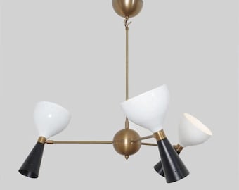Three Arm 6 Lights Sputnik Chandelier Stilnovo Style Modern Raw Brass With Matte Black & White Light Fixture - Bedroom Lightings