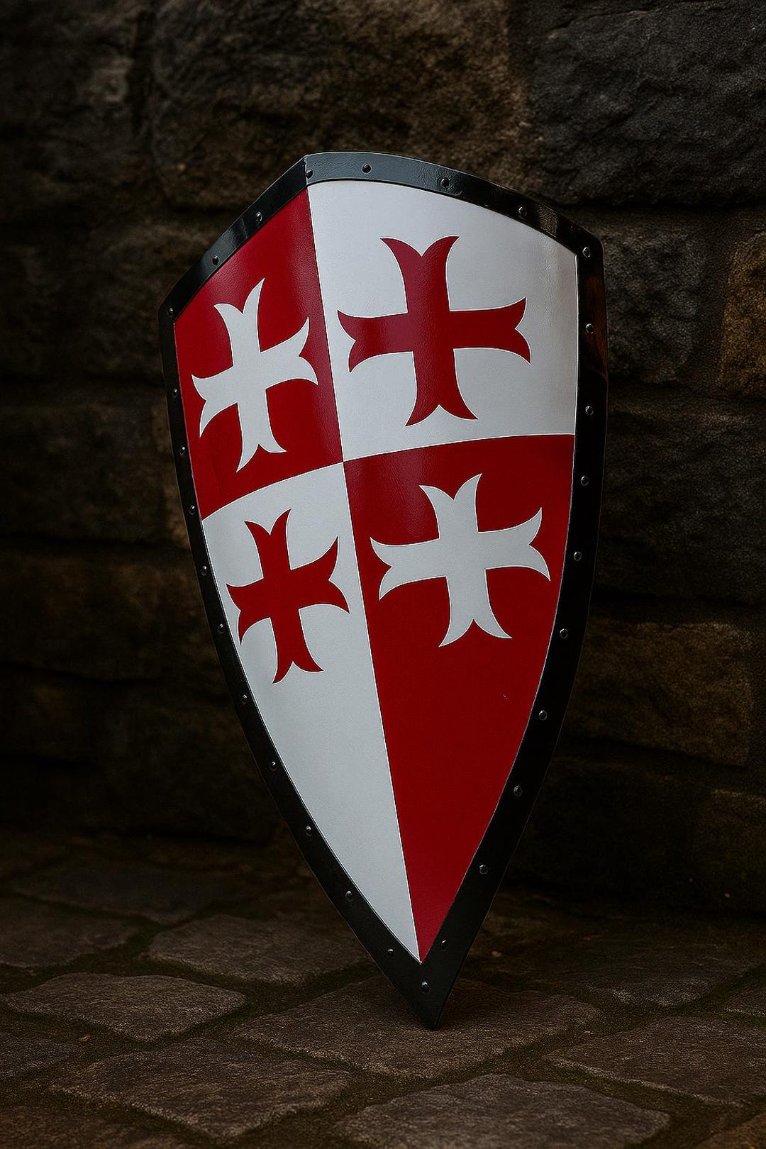 中世のテンプル騎士団の盾、赤十字デザイン、シルバー装飾レプリカ 28インチ テンプル騎士, image size:1080x1620