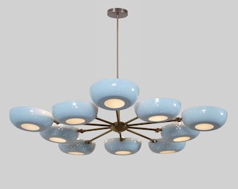 Gerald Thurston Lightolier Inspired Ten Arm Chandelier with Powder coated Pierced shades