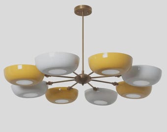 Stilnovo Flower Bowl Shade Chandelier, Mid Century Modern Brass Light, 8 Light Alternative Color Flower Petal Handmade Ceiling Light Fixture