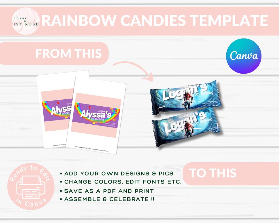 Editable Rainbow Candy Template: Personalized Party Favor (canva ...