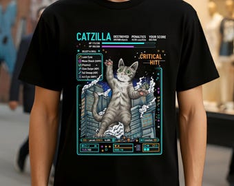 Catzilla Gamer T-Shirt | Retro RPG Cat Meme Shirt