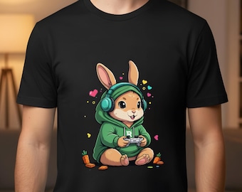 Cute Gamer Bunny T-Shirt, Kawaii Gaming Tee, Gift for Kids & Teens