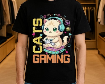 Cat Gamer T-Shirt, Kawaii Pixel Art Kitten, Funny Gaming shirt