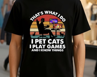Camiseta divertida para gamers amantes de los gatos: Acaricio gatos, juego videojuegos.