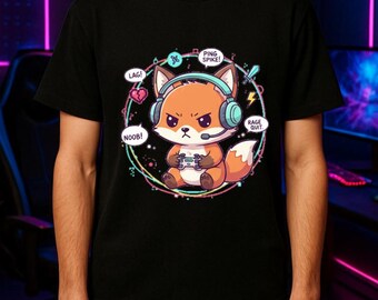 T-shirt pour joueur de renard en colère | t-shirt drôle de jeu d'animal | Cadeau doux unisexe pour les amateurs de jeux vidéo