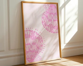 Beachy Pink and White Seashell Print -Digital Download, Pink Wall Art, Gift For Dorm Room, East Coast Home Decor, Coastal Beach Poster