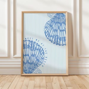 Beachy Blue and White Seashell Print -Digital Download, Blue and White Wall Art, Gift For Her, East Coast Home Decor, Coastal Beach Poster