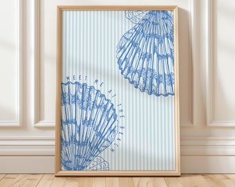 Beachy Blue and White Seashell Print -Digital Download, Blue and White Wall Art, Gift For Her, East Coast Home Decor, Coastal Beach Poster