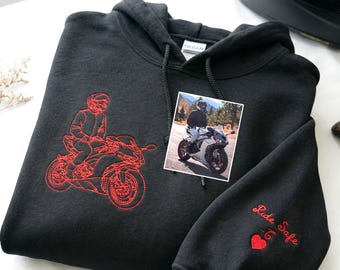 Ride Safe Motorcycle Gifts For Men, Custom Embroidered Portrait Hoodie With Motorbike Photo, Motorcycle Lover Gift For Husband, Boyfriend
