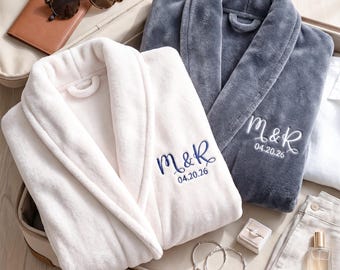 Embroidered Anniversary Robes For Couples - Personalized His And Hers Robes - Matching Couple Robe - Customized Gifts For Wedding Bathrobe