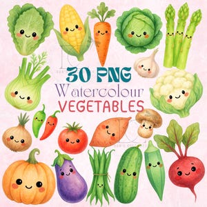 Watercolor Vegetables Clipart Bundle: 30 PNG Files, Commercial Use