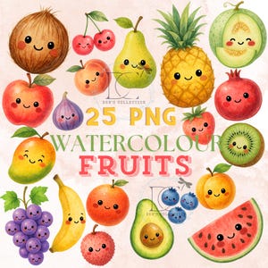 Watercolor Fruits Clipart Bundle: 25 PNG Files, Commercial Use