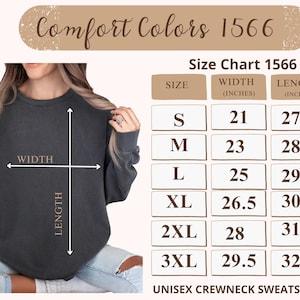 Pu&ograve; includere: Felpa girocollo unisex grigio scuro con tabella taglie. La tabella taglie mostra larghezza e lunghezza in pollici per le taglie S-3XL. Il testo "Comfort Colors 1566" &egrave; in alto.