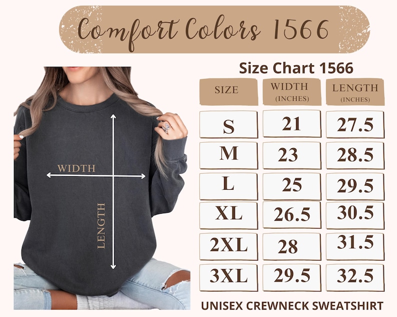 Pu&ograve; includere: Felpa girocollo unisex grigio scuro con tabella taglie. La tabella taglie mostra larghezza e lunghezza in pollici per le taglie S-3XL. Il testo "Comfort Colors 1566" &egrave; in alto.