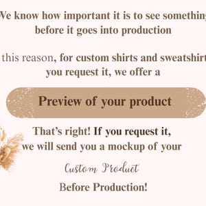 Puede incluir: Gr&aacute;fico beige con texto que promociona una vista previa de camisetas y sudaderas personalizadas antes de la producci&oacute;n. El texto incluye "Vista previa de su producto" y "Producto personalizado antes de la producci&oacute;n!"