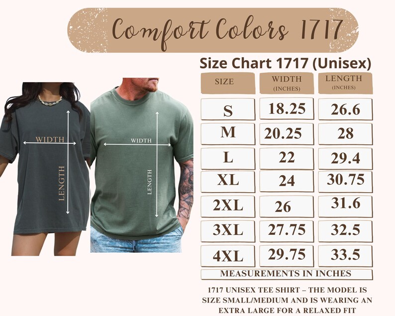 Pu&ograve; includere: Immagine di una tabella delle taglie per t-shirt unisex Comfort Colors 1717. La tabella elenca le taglie dalla S alla 4XL, con misure di larghezza e lunghezza in pollici. La modella indossa una taglia extra large per una vestibilit&agrave; comoda.