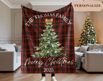 Personalized Christmas blanket with name, family name Christmas blanket, Christmas decor, classic tartan blanket, Christmas tree blanket