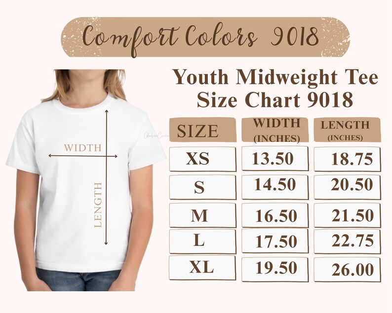 Puede incluir: Camiseta blanca juvenil con una tabla de tallas. La tabla muestra medidas en pulgadas para las tallas XS a XL. El texto "Comfort Colors 9018" y "Youth Midweight Tee" se muestran arriba.