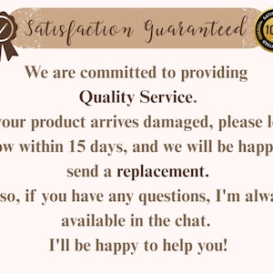 Puede incluir: Gr&aacute;fico con el texto "Satisfacci&oacute;n Garantizada" y "100% Satisfacci&oacute;n". El texto promete un servicio de calidad y reemplazos para productos da&ntilde;ados dentro de los 15 d&iacute;as. El vendedor tambi&eacute;n est&aacute; disponible en el chat.