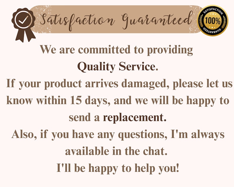 Puede incluir: Gr&aacute;fico con el texto "Satisfacci&oacute;n Garantizada" y "100% Satisfacci&oacute;n". El texto promete un servicio de calidad y reemplazos para productos da&ntilde;ados dentro de los 15 d&iacute;as. El vendedor tambi&eacute;n est&aacute; disponible en el chat.